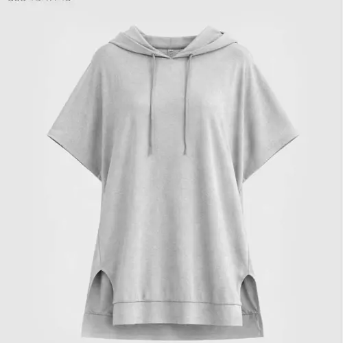 Women's Gray Basic Polyester Baggy Hoodie Top - Lightweight Comfortable Casual Sweatshirt Fabric, Boxy Relaxed Silhouette, Short Dolman Shortsleeve, Longline Tunic with Side Slits, Ideal for Athleisure, Street Style,summerwins,summeroutfits,vacationoutfit