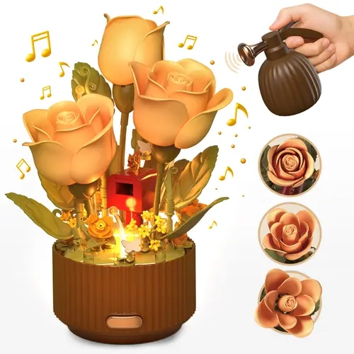 TOKMOC Blooming Rose Set Flower Building Kit with Light & Motion Remote Watering Can for Creative Home Decoration 255 PCS Perfect Romantic Gift for Ages 12+