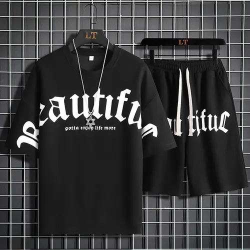 Men's 2-Piece Menswear Set - Crew Neck Polyester Short-Sleeved Letter Printed T-Shirt, Drawstring Elastic Waist Shorts, Loose Athletic Casual Street Style, Lightweight Soft Breathable, Suitable for Summer Daily Wear & Sports