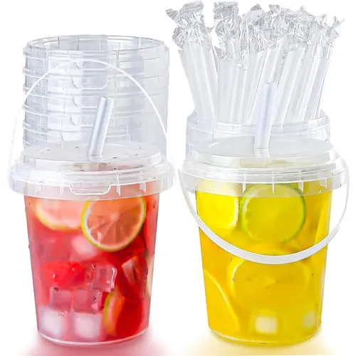 10/15/25/30/50/100 Sets 34oz Leakproof PP Durable Plastic Drink Buckets with Lids, Straws - Reusable Patron Cups, Party Supplies, Disposable Tableware for Pool/Beach Days, Food Truck Use, Handle Carry Ease,sohochic