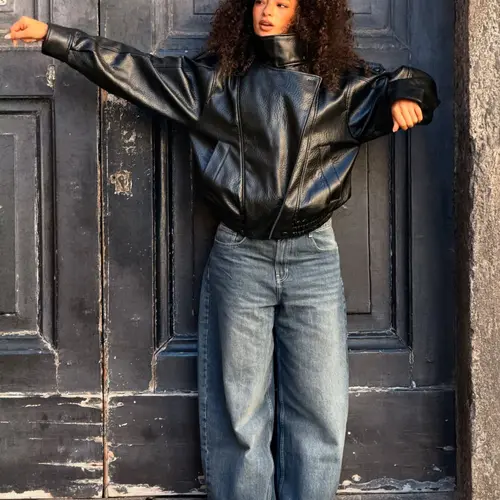 Women's Stand Collar Faux Leather Jacket, Streetwear Casual Style Outerwear Long Sleeve Coats for Spring & Fall & Winter, Ladies' Waterproof & Windproof Clothes for Daily Wear, Oversized Jacket for Women, Casual Collared Outerwear, Womenswear