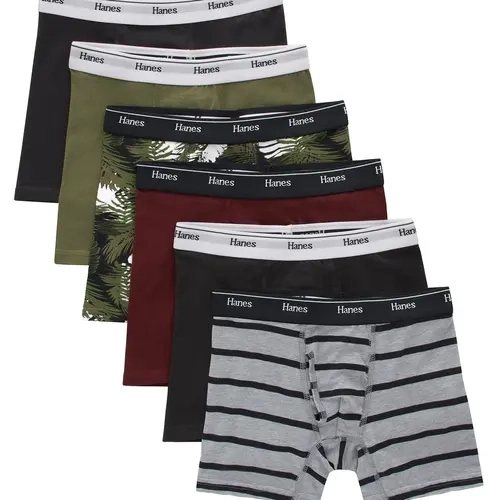 Hanes Originals Boys' Tween Boxer Briefs Pack, Olive Palm Print & Assorted, 6-Pack