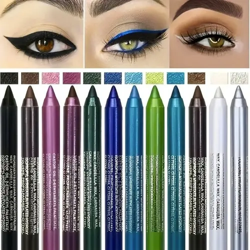 12-Color Dual-Head Eyeliner & Lipliner Cosmetic Set - Wing Stamp, Sharpener, Waterproof, Smooth, Quick-Dry, Smudge-Proof, Transfer-Proof, Long-Lasting, High-Shine Pearl Glitter Effect - Ideal for Batwing Eyeliner, Alt Makeup (Single Item)