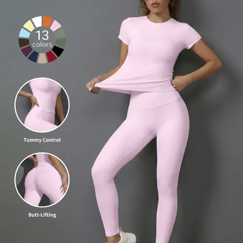 Women's Sporty Plain Slim Fit High-Waisted Yoga Pants & Short Sleeves Set, Exercise Clothing Set, Soft Breathable Activewear for Gym Running Outdoor Activities