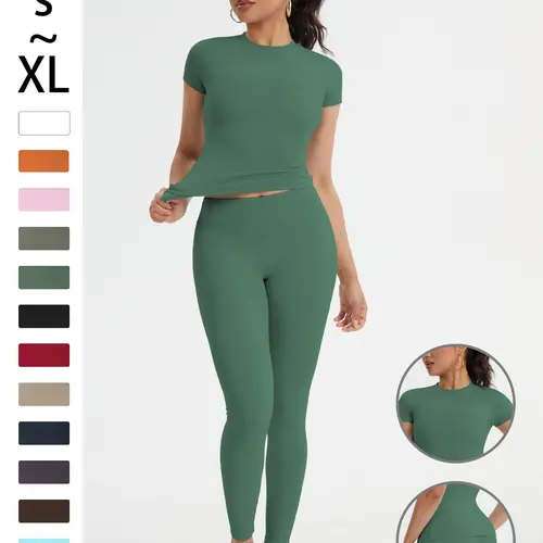 Women's Sportswear Set, Slim-Fit Round Neck Short Sleeves & High-Waisted Yoga Pants, Ideal for Gym Running Outdoor Activities