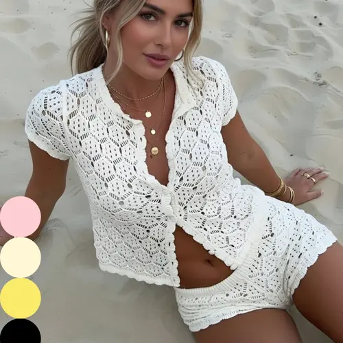Women's Casual Summer Two-Piece Set, Breathable Knitted Sweater Top and Shorts Beachwear, Holiday Clothing, Ladies' Fashion Outfit Ensemble Slim, Basic, Matching