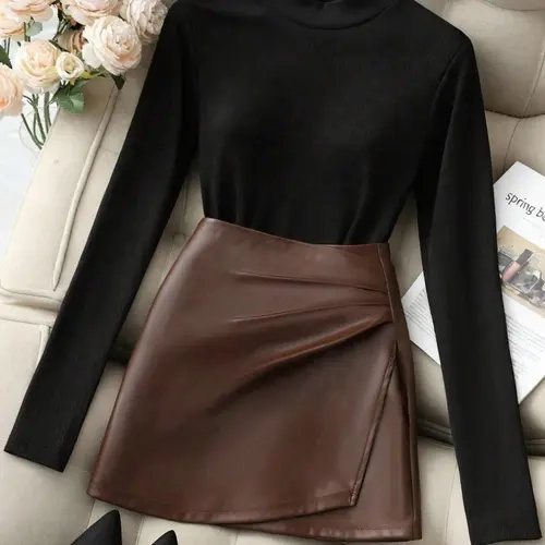 Women's Elegant Chic Casual Knit Turtleneck High Neck Long Sleeve Commuter Top and Skirt Set Outfit for Fall & Winter, Two-Piece Office Wear, Womenswear, Clothes