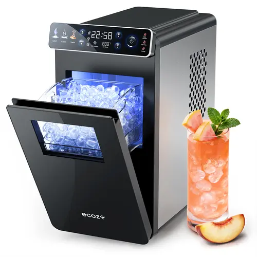 ecozy 4-in-1 Bottom-Loading Water Dispenser with Ice Maker, ECO Mode | Hot & Cold Water Cooler, 33 lbs/Day, Child Lock, Night Light, Fits 3 & 5 Gallon Bottles for Home, Office - Stainless Steel