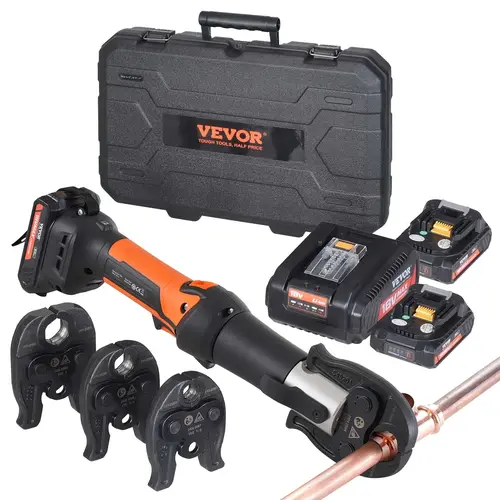 VEVOR Heavy Duty Crimping Tool Pipe Crimping Kit, Forged Steel 32KN/24KN Compact Tool with OLED Display, 1/2"-1" Auto Reset Jaws, Ergonomically Designed Handle, 2x20V 2.0Ah Batteries, Convenient Operating Experience for Copper Pipes, Residential Use