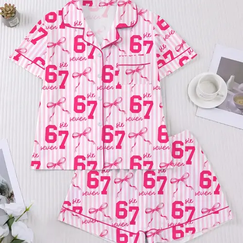 Striped Six Seven Theme, Button Front Short Sleeve Shirt and Elastic Waist Shorts, Casual Home Wear, Pyjamas Set