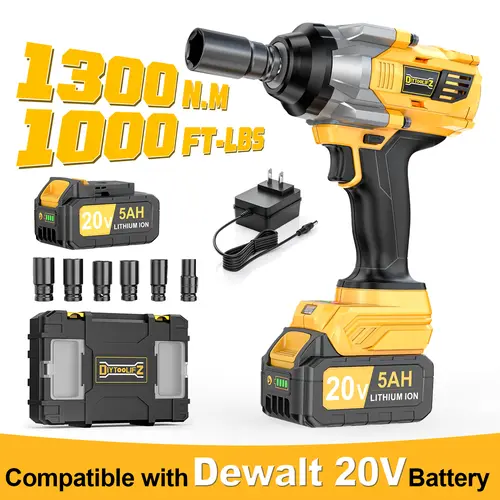 1000FT-LBS (1300N.m) Cordless 1/2" Impact Wrench with 1*Battery, Brushless Impact Gun with 6 Sockets, 2100RPM for Car & Truck