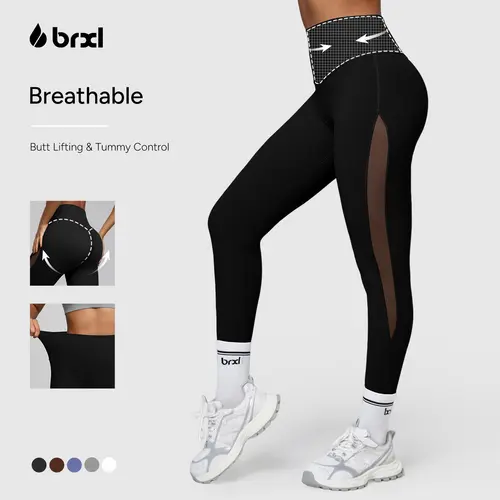 BRXL Women's High Waist Compression Leggings - Tummy Control, Breathable Mesh Panels, Stretchable Activewear Shapewear Clothes for Workout Yoga, Aesthetic Plussize Curves Done Right Sports Bottoms