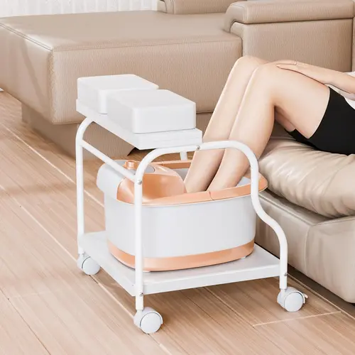 OmySalon Adjustable Height Metal Modern Pedicure Cart Foot Bath Trolley - Beauty Salon Equipment, Spa Salon Equipment, Lockable Wheels, Sturdy, Foldable Top, Durable Multi-Functional Furniture, PU Cushion Stool, with Wheel for Estheticians