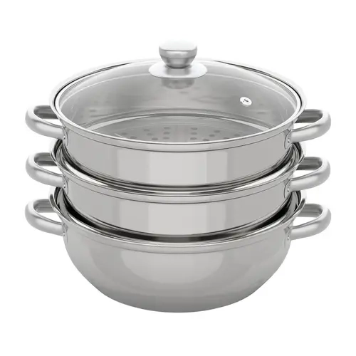 28 cm Diameter 11-Inch 3-Tier Rust-Resistant Stainless Steel Multi-Function Steamer - 25 cm Total Height Dumpling Steamer Cookware with Glass Lid, Dishwasher Safe for Gas, Electric, Induction Stoves (Ideal for Fish, Veg)