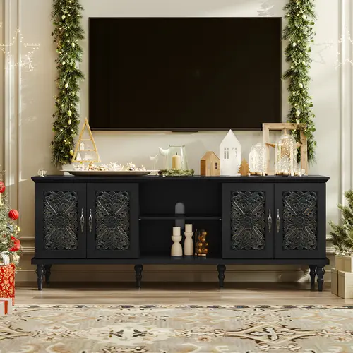 【Fall Deals】HLR 75-Inch Traditional Wooden TV Stand - Farmhouse Vintage Carved Wood TV Cabinet Table, Antique Brass Handles, Wipe-Clean Finish, Scratch-Resistant Top, Gold Accent, Sturdy Hidden Storage Cabinets,  Apartment Living Room Decor home furniture
