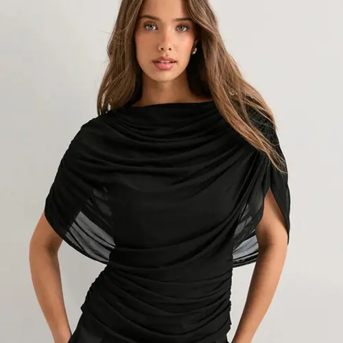 Women's Fashion Sheer Ruched Mesh Top Drape Design Urban Style, Perfect for Daily Wear or Outdoor, Versatile Stylish Item, Daily Wear Tops