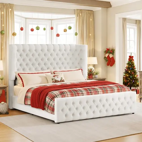 AMERLIFE Upholstered Wingback Queen Size Bed Frame (49” Headboard) - Steel Structure, Slip-Resistant Edges, Tool-Free, No Box Spring Needed, Silent, Supports Up to 800 lbs, Mattress Stays Put, Bed Frames for Queen, Modern Bedroom Use#TikTokShopFallDealsFo