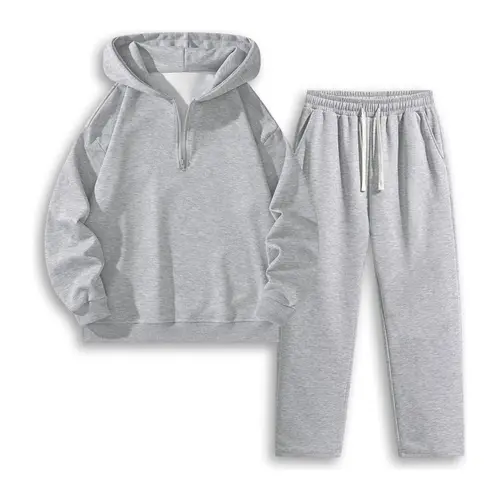 Men's 2 Piece Minimalist Solid Tracksuit - Half Zip Hoodie & Straight Leg Pants, Long Sleeve, Drawstring Waist, 95% Poly-Elastane Stretch-Spandex Fitted Fabric, All Seasons Daily Wear, Gray, SpringSta, 2 Piece Sets