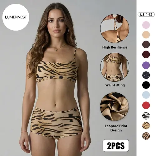 LUMENNEST Women's 2-Piece Nylon Leopard Print Thin Strap Bralette & Panty Lingerie Set - Adjustable, Soft, Lightweight, Breathable, Minimalist, Seamless Smoothing Versatile Underwear for Women