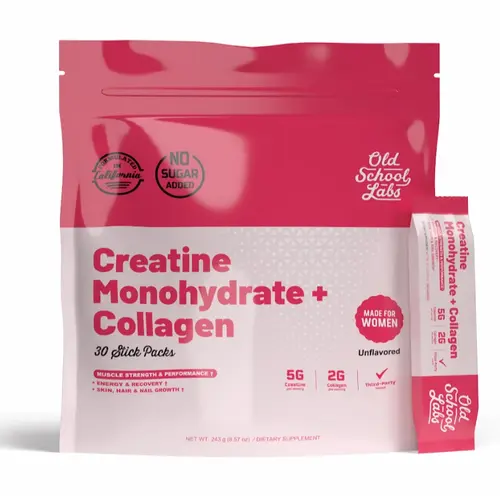 Old School Labs Creatine Monohydrate for Women + Collagen & BCAA Stick Packs | 5g Creatine Supplement for Fitness, Lean Muscle, Recovery, Healthy Hair & Skin | 30 Servings