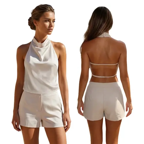 Women's Shorts Sets Summer Fashionable Solid Color Halter Neck Sleeveless Tops with Shorts 2 Pcs Outfits Suits Clothes Womenswear Cotton