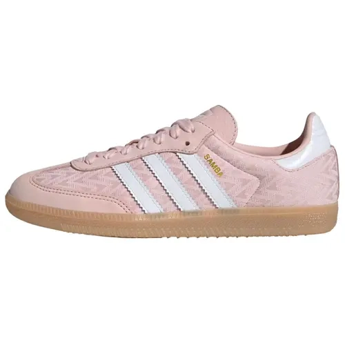 Adidas Women's Samba OG Soft Suede Sneakers - Classic Retro Casual Sports Walking Shoes, Sandy Pink with Gold Accents, Comfortable Cushioning, Rubber Sole, True-to-Size