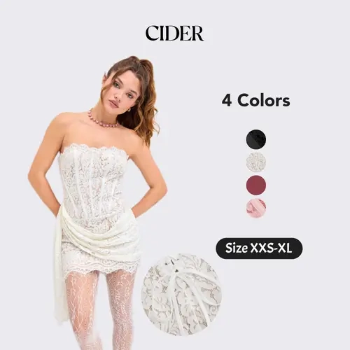 Cider Women's Strapless Sleeveless Lace Mini Cocktail Dress - Floral Embroidery, Tieback Detail, Evening Party Wear for Bachelorette & Clubbing, Womens Fashion Apparel