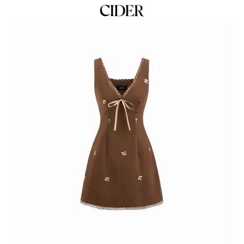 Cider Corduroy Floral V-neck Lace Trim Bowknot Mini Dress