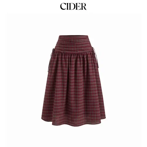Cider Cotton Mid Rise Plaid Bowknot Ruched Midi Skirt