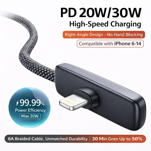 Durable Mobile Right Angle USB-A to Lightning Braided Cable Charger (Phone Accessory) - PD 20W/30W Stable Charging, Fast Gaming Charging, Hands-Free Use, Compatible with iPhone 6-17 Pro Max, iPad, AirPods, 3.3ft/6.6ft