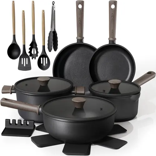 Astercook 18-Piece Non-Stick Pots & Pans Set Induction Compatible Cookware with Wooden Handles for Everyday Home Cooking