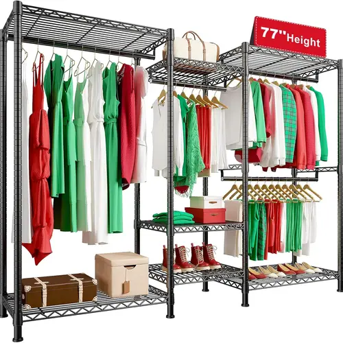 【Summervibes】Raybee 77" Height Heavy Duty Clothing Rack Holds 750 LBS, Portable Closet Wardrobe Rack with Shelves & Hanging Rods, Height Adjustable Metal Wire Garment Clothes Rack, 77" H x 70.5" W x 13.8" D, Black,White, Pink