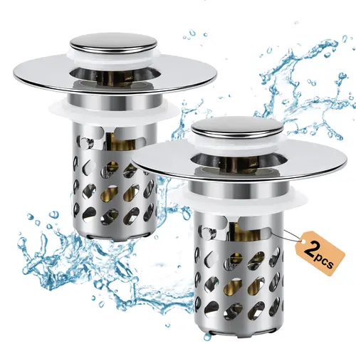 Bathroom Sink Stopper 2 in1, Pop Up Drain Strainer with Removable Stainless Steel Hair Catcher, Brass Core, Chrome Finish, Universal Fit 1.1-2.36 in