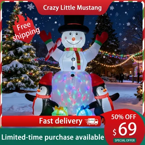 Niccae 6-ft Tall Inflatable Santa Figure & Snowman Outdoor Christmas Decoration - Festive 6-ft Wow, 2 Penguins, Gift-Box Detail, Rotating LED Lights, Lantern Banner, for Christmas Party Gatherings, Sohochic