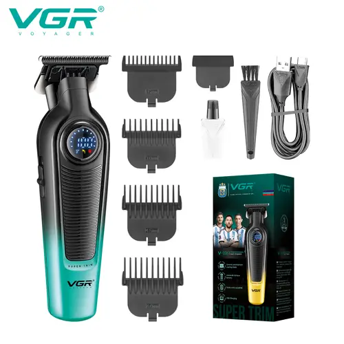 VGR 996 Professional Men's Hair Trimmer Kit - 0-Gapped Ceramic & Titanium T-Blade, Cordless, LED Display, Rechargeable, Lightweight, Ergonomic 7000 RPM Barber Clippers with Cells, 300 Minutes Runtime, Anti-Snagging for Home Haircut, Beard Trimming