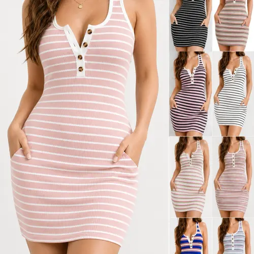 Bodycon Striped Comfy Soft Tank Dress Casual Pockets Sleeveless Women's Clothes for Daily Wear Homewear Sports Fashion Womenswear Gifts Summer Everyday