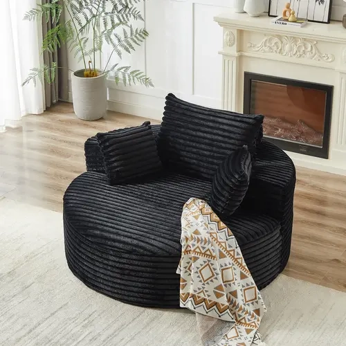 Niccae 55''L Corduroy Upholstered Lounger - 360-Degree Swivel Single Sleeper Chair, Warm Plush Foam Faux Fur, Backrest Pillow for Better Head Support, Additional Cylindrical Pillow, 72h Shape Return, Bedroom Use, All-Season Indoor Furniture