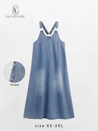 Elengatine Women’s Sleeveless Denim Maxi Dress with Adjustable Cross Back Straps, A-Line Design, Lightweight Summer Casual Dress for Vacation or Everyday Wear, Medium Blue Wash, Versatile and Stylish Dress, Available in Multiple Sizes
