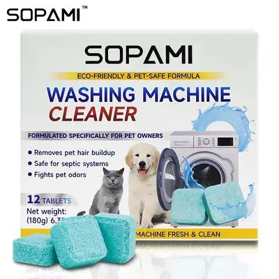 SOPAMI Washing Machine Cleaner Tablets 12 count formulated for pet owners fragrance free neutralizes pet odors removes pet hair buildup safe for septic systems dissolves dirt and residue keeps washer fresh easy to use with hot cycle