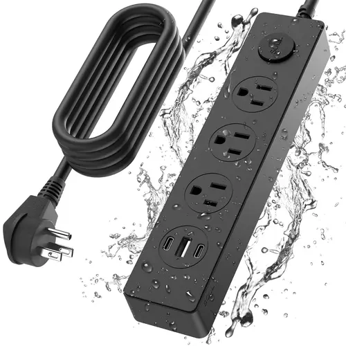 Weatherproof Outdoor Surge Protection Power Strip - 3 Grounded AC Outlets, 2 USB-C Ports, 1 USB-A Port, 6FT Durable Cable/Cord, Grounded Plug, IPX9 Rated, for Patio/Garage Devices, Kitchen Gadgets