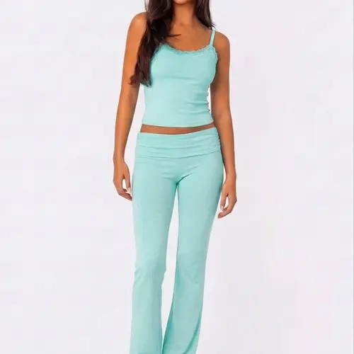 Women's Lace Trim Crop Top & Long Pants Set, Casual Sporty, Comfortable Home Wear, Stylish Women's Clothing, Sweatsuit Matching Set, Sweatsuit Sets, Casual Sweatsuit Outfits