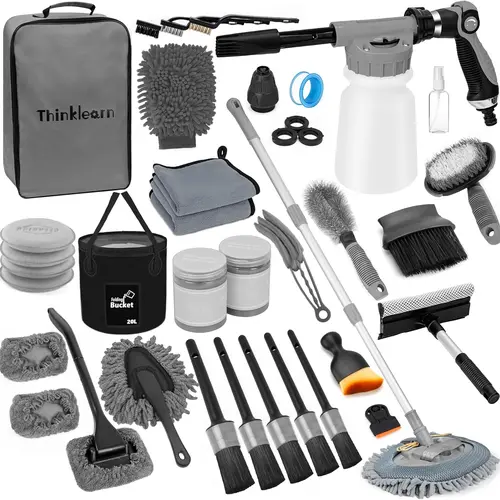 THINKLEARN Safe Paint Car Detailing Kit - Thanksgiving Gift Set with Foam Control Foam Gun, Long-Handle Brush, Large Folding Bucket, 2 Microfiber Dry Cloths, 3 Pad Windscreen Set, Multi-Tool Coverage for Vehicle Interior Exterior, Home Cleaning