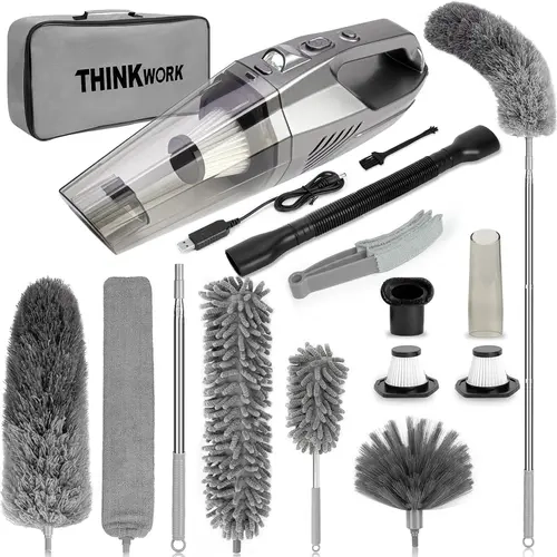 THINKWORK Microfiber Duster for Cleaning Car Cleaning Kit, Car Interior Detailing Kit with High Power Handheld Vacuum Cordless, Ceiling & Fan Duster for Home Cleaning