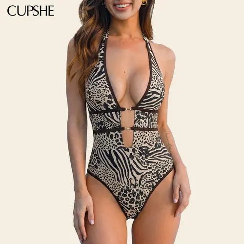 CUPSHE Women's Nylon Blend Animal Print Bodycon 1-Piece Plunge Neck Swimsuit - Halter Deep V, Moderate Bum Coverage, Light Bust Support, Fashionable Swimwear