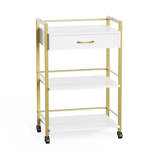OmySalon White Gold Wooden Salon Trolley Cart - 0.59" Thick Board Organiser, 1 Drawer, 2 Trays, Lockable Wheels, Side Rails, 13.8kg/30.4lbs Single Unit Mobile Storage Organizer Utility Cart for Beauty/Tattoo Tools