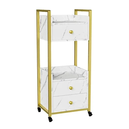 OmySalon White Marble Rolling Salon Trolley Cart - 3-Layer Racks, Divided Organizer Utility Cart with Lockable Wheels, 3 Drawers, 2 Trays, Hardboard Minimalist Design, Extra Side Rails, Mobile Display Storage for Estheticians