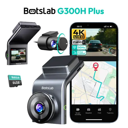 BOTSLAB G300H Plus 4K Front and Rear Dash Cam with STARVIS 2 Sensor, Car Accessories, Auto Accessories Interior, 170° Front View, Voice Control, 64GB Memory Card, 5GHz WiFi, Built-in GPS, WDR Night Vision, 24H Parking Monitor, Minimizes Distractions