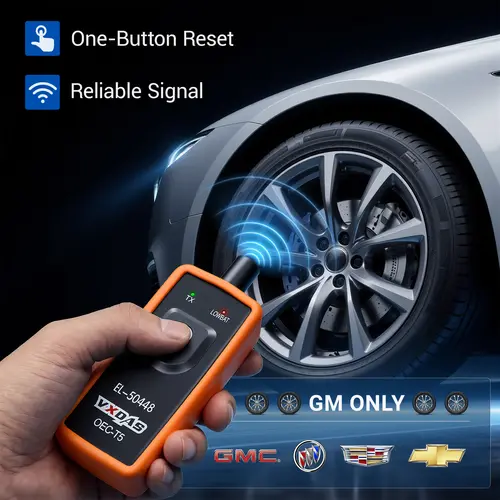 VXDAS 1-Button TPMS Relearn Tool EL-50448 - 315MHz Car Tire Sensor Reset Accessory with 9V Battery Power, High-Sensitivity Chipset, 1-Button Activation, LF-RF-RR-LR Order for GM Models (Chevy, GMC) After Tire Rotation/Installing New TPMS Sensors