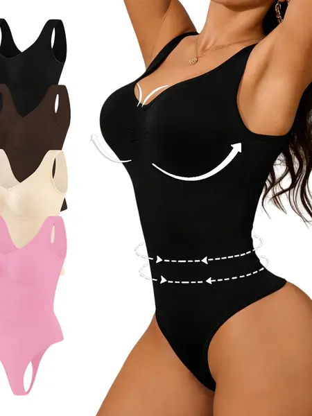 Women’s Seamless V Neck Shaper Jumpsuit, Sleeveless Corset Bodysuit, No Padding Invisible Shapewear, Full Body Tummy Control Slimming Fashion Bodysuit & Seamless Tummy Control Camisole faja body shaperwear Ribbed Dusty Rose Bra Compression Womenswear,summ