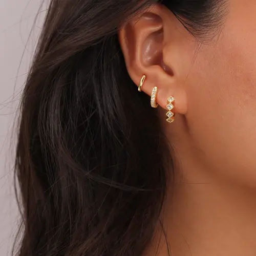 Pancert Women's 3-Piece Hypoallergenic Geometric Gold Hoop Stack - Rhombus Zircon Charm, Circular Hoops, Earring Stacking Set, Curated Ear Statement Piece, Boxed Accessories Bundle Earrings for Daily Mix-and-Match